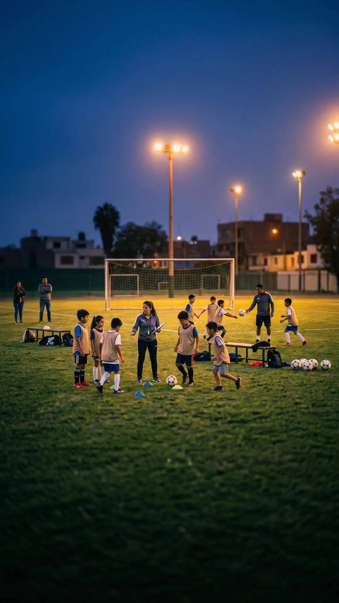 Campo de fútbol iluminado al anochecer, listo para el entrenamiento