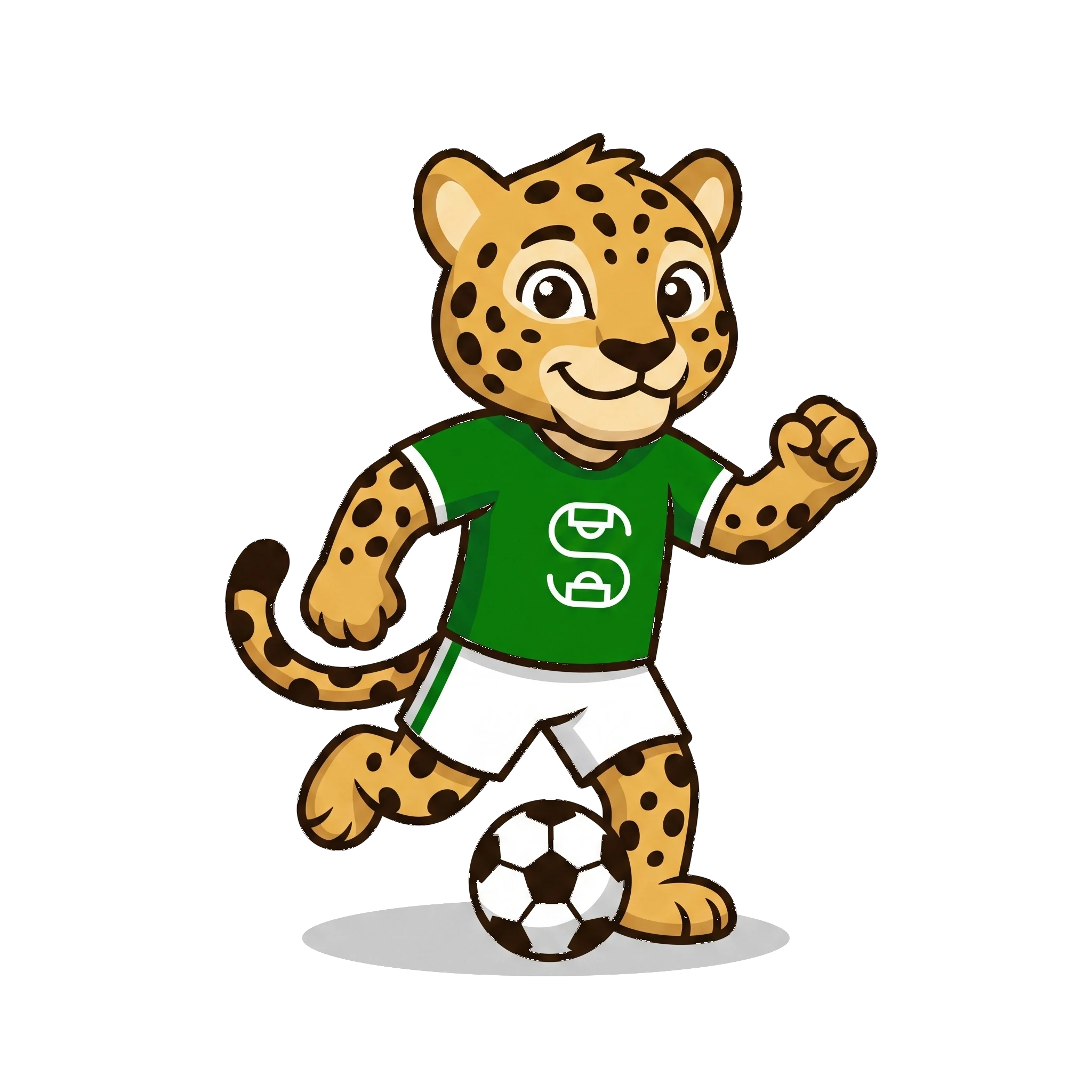 Chaski, otorongo de SAMI, jugando fútbol con la camiseta verde