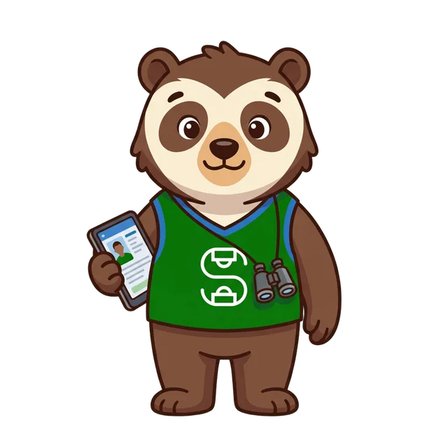 Rikuq, oso de anteojos scout de SAMI con binoculares y celular
